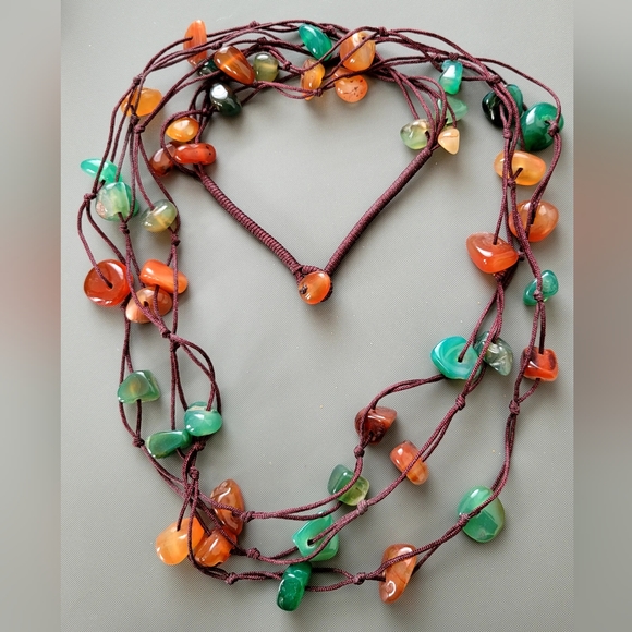 28" length 3-strands natural Red & Green Agate gemstone handmade necklace - Picture 4 of 6